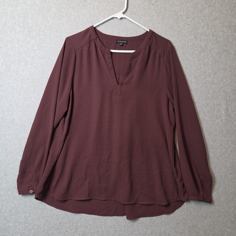 Pleione Burgundy LS Split V Neck Boho Peasant Flowy Loose Blouse Women's XL